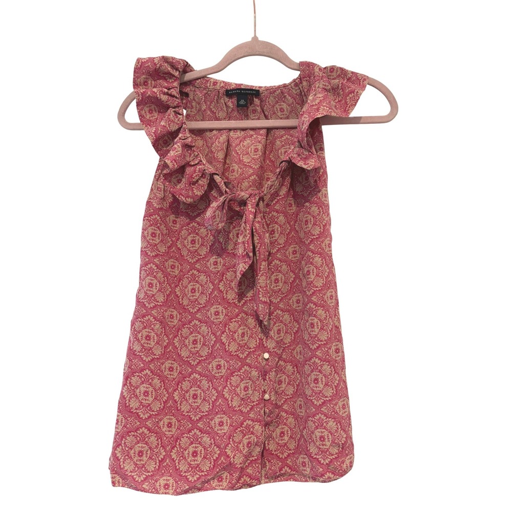 Banana Republic oversized XS silk pink floral silk ruffle sleeveless blouse I